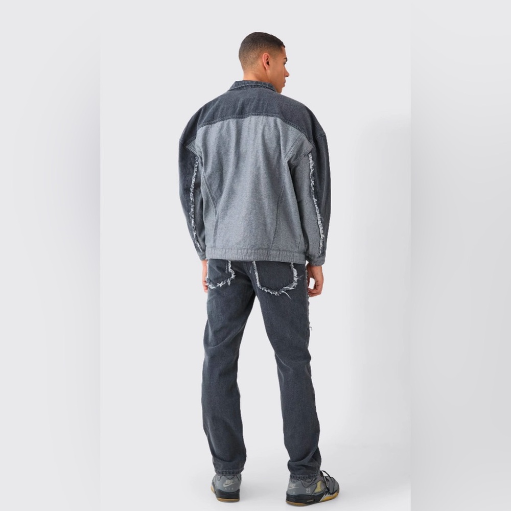 NWT [BoohooMan] Oversized Spliced Frayed Edge Denim Jacket in Mid Gray Men's XL - Picture 3 of 10
